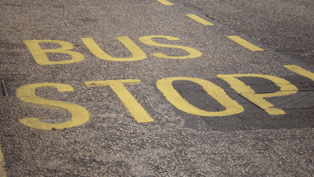 Bus Stop written on road, to show using bus travel in my sustainability transport diary.